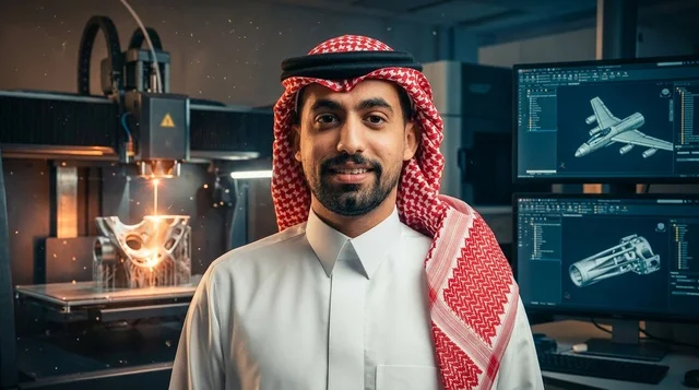 مهندس سعودي في مختبر تقني مع طابعة ثلاثية الأبعاد