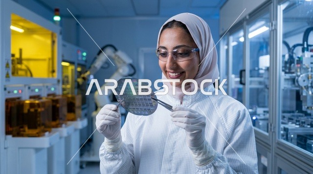 مهندسة عربية تفحص رقاقة أشباه الموصلات في المختبر