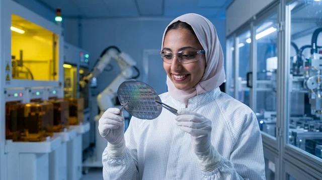 مهندسة عربية تفحص رقاقة أشباه الموصلات في المختبر