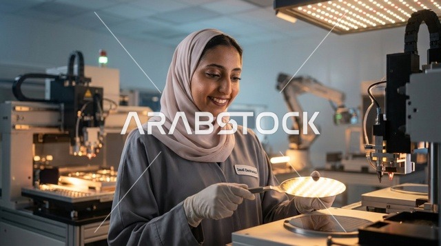 مهندسة سعودية تعمل داخل مختبر إلكترونيات دقيقة حديث