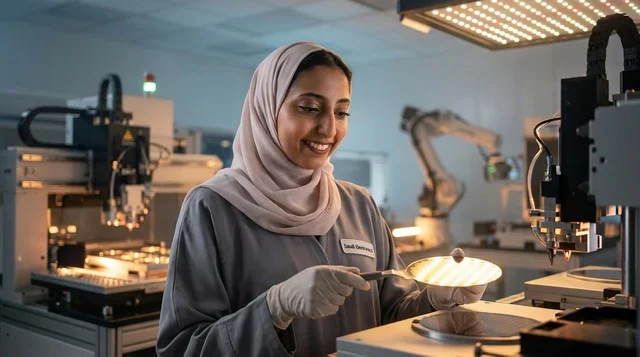 مهندسة سعودية تعمل داخل مختبر إلكترونيات دقيقة حديث