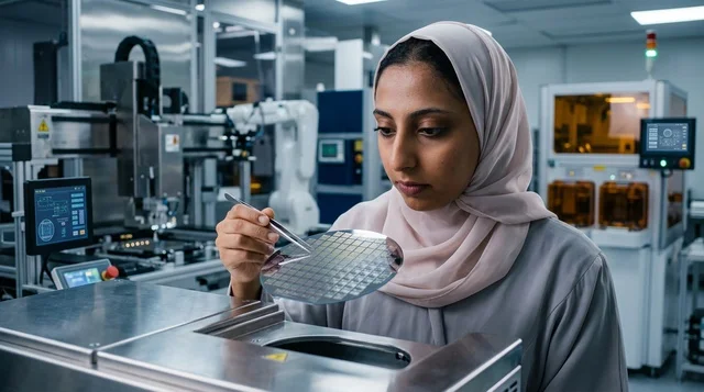 مهندسة عربية تفحص شريحة سيليكون في مختبر تقنية دقيقة