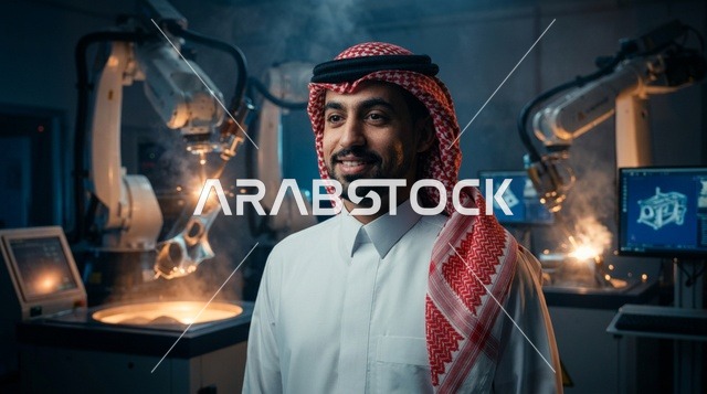 Saudi Man in High Tech Robotics Laboratory Factory