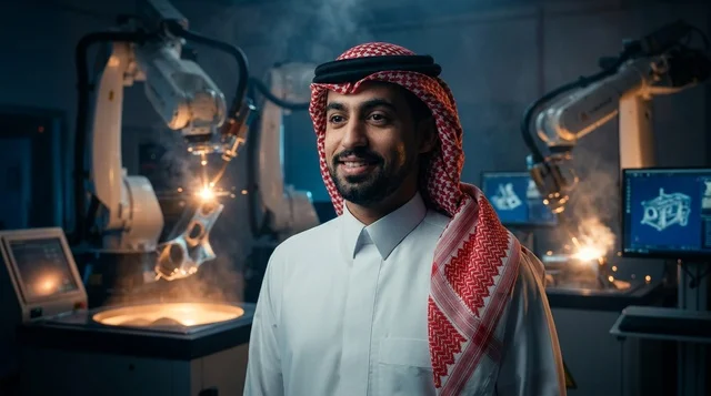 مهندس سعودي بالزي التقليدي في مختبر الروبوتات