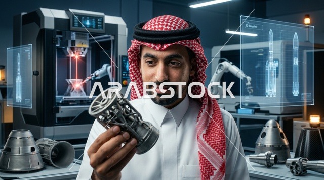 A Saudi engineer in a modern robotic manufacturing facility.