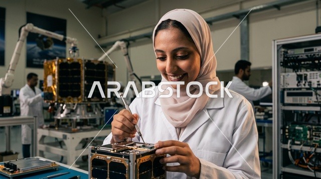 Arab Female Aerospace Engineer Working on Satellite in Lab