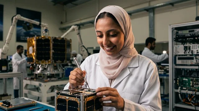 مهندسة فضاء عربية تعمل على تركيب قمر صناعي في المختبر