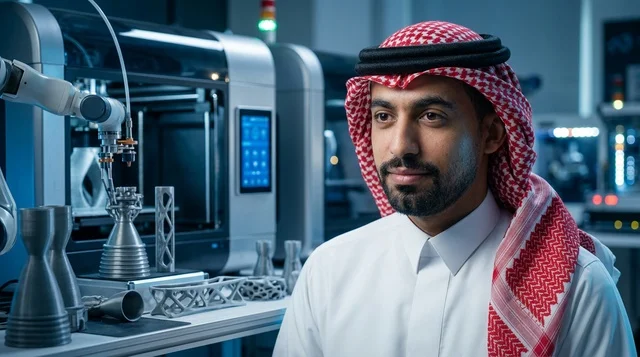 مهندس سعودي في منشأة تصنيع روبوتية حديثة