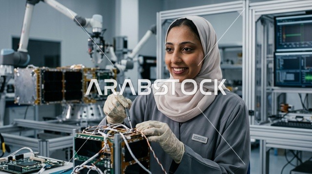 مهندسة عربية محجبة تعمل على تجميع قمر صناعي في مختبر