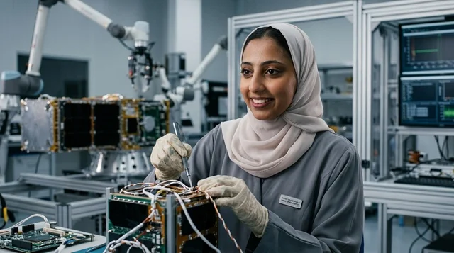 مهندسة عربية محجبة تعمل على تجميع قمر صناعي في مختبر