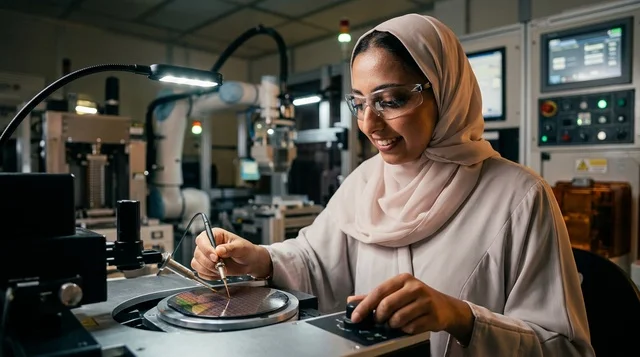 عالمة سعودية تعمل على شريحة إلكترونية في المختبر
