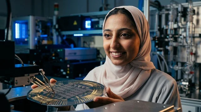 Arab Female Scientist Holding Silicon Wafer in Lab