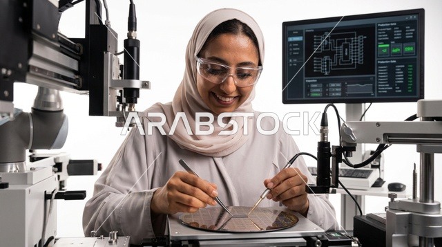 عالمة سعودية تعمل على رقاقة إلكترونية داخل المختبر