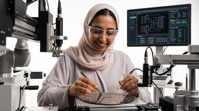 عالمة سعودية تعمل على رقاقة إلكترونية داخل المختبر