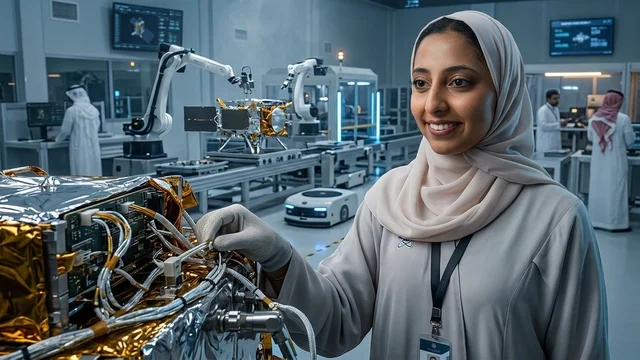 مهندسة فضاء سعودية تعمل في مختبر تقني متطور للروبوتات