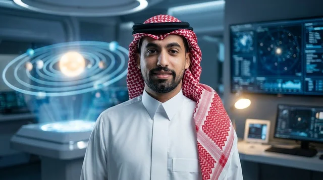 رجل سعودي في غرفة تحكم فضائية مستقبلية مع هولوغرام