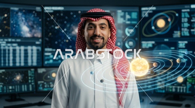 رجل سعودي في مركز تحكم فضائي مع هولوغرام النظام الشمسي