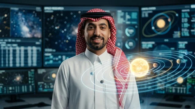 رجل سعودي في مركز تحكم فضائي مع هولوغرام النظام الشمسي