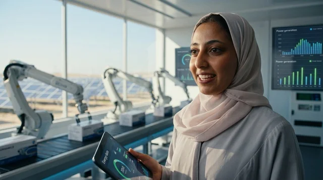 مهندسة سعودية في غرفة تحكم الطاقة الشمسية الذكية