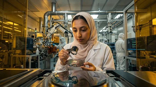 عالمة سعودية بالحجاب تفحص شريحة إلكترونية في المختبر