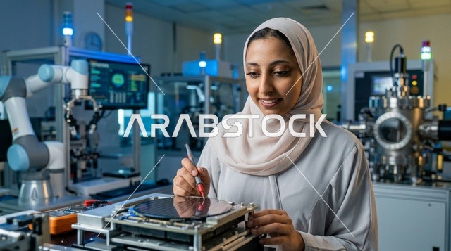 مهندسة إماراتية تعمل في مختبر الروبوتات والتقنية