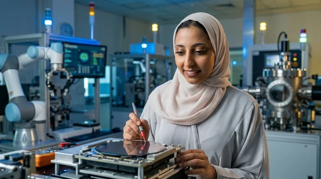 مهندسة إماراتية تعمل في مختبر الروبوتات والتقنية
