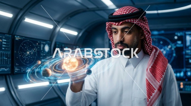 رجل سعودي يتفاعل مع هولوجرام النظام الشمسي في الفضاء