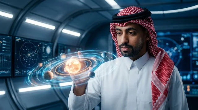 رجل سعودي يتفاعل مع هولوجرام النظام الشمسي في الفضاء