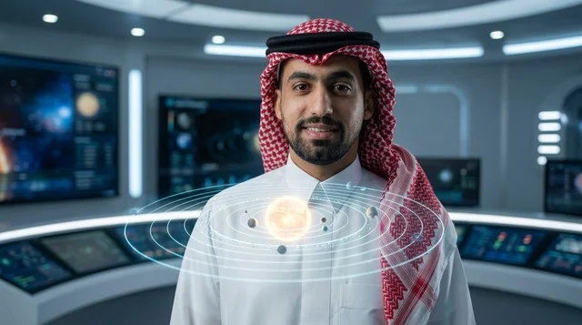 رجل سعودي في مركز أبحاث الفضاء المستقبلي مع هولوغرام