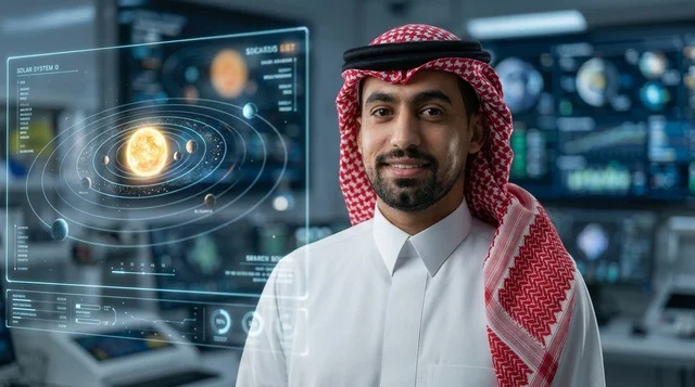 عالم سعودي مع هولوغرام للفضاء في مركز أبحاث