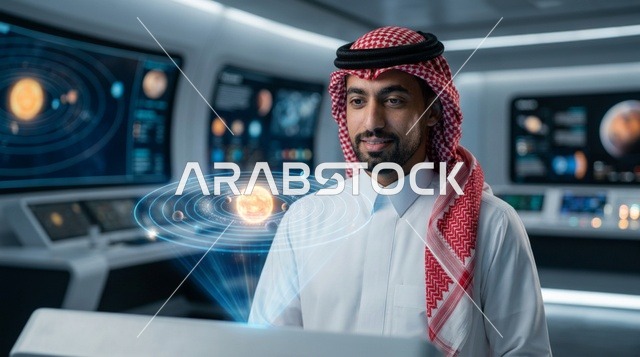 رجل سعودي يرتدي الشماغ يشاهد هولوغرام النظام الشمسي