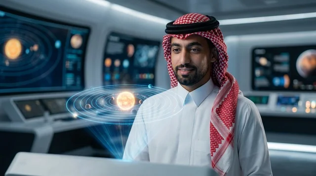 رجل سعودي يرتدي الشماغ يشاهد هولوغرام النظام الشمسي