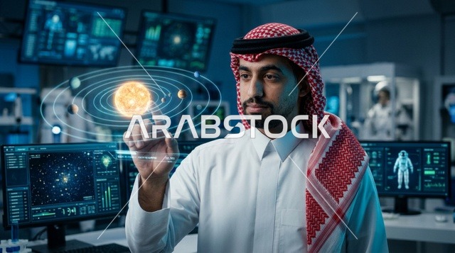عالم فضاء سعودي يتفاعل مع مجسم هولوغرام في المختبر