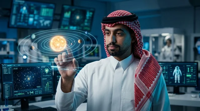 عالم فضاء سعودي يتفاعل مع مجسم هولوغرام في المختبر