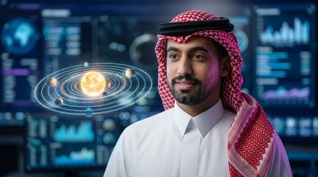 رجل سعودي ينظر إلى مجسم ثلاثي الأبعاد للنظام الشمسي