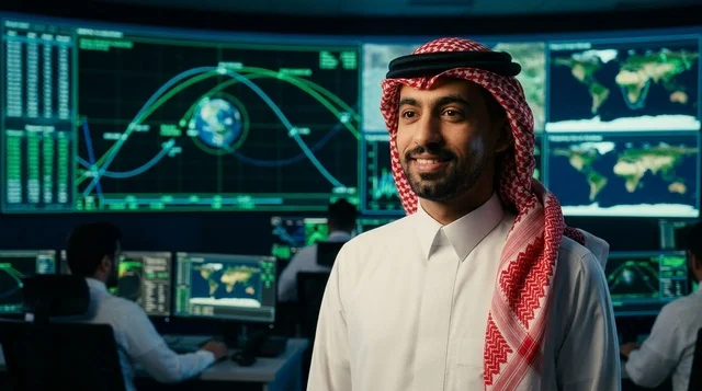 مهندس سعودي مبتسم داخل مركز التحكم والسيطرة المتطور