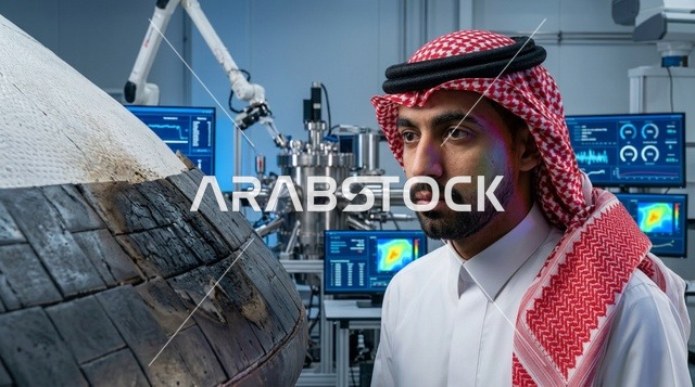 مهندس فضاء سعودي بالزي التقليدي داخل مختبر أبحاث علمية