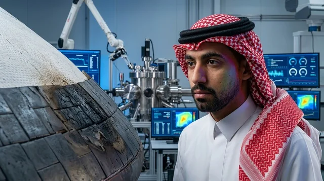 مهندس فضاء سعودي بالزي التقليدي داخل مختبر أبحاث علمية