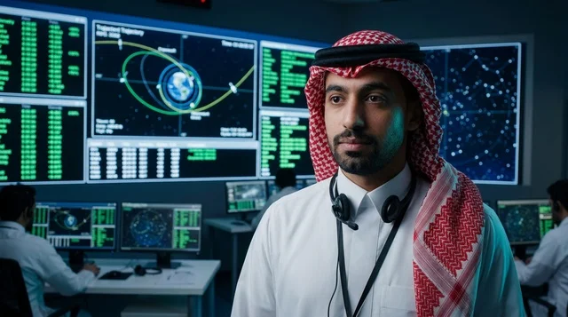 مهندس فضاء سعودي يرتدي الزي التقليدي في مركز التحكم