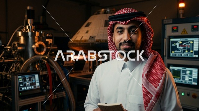 A Saudi engineer in a modern robotic manufacturing facility.
