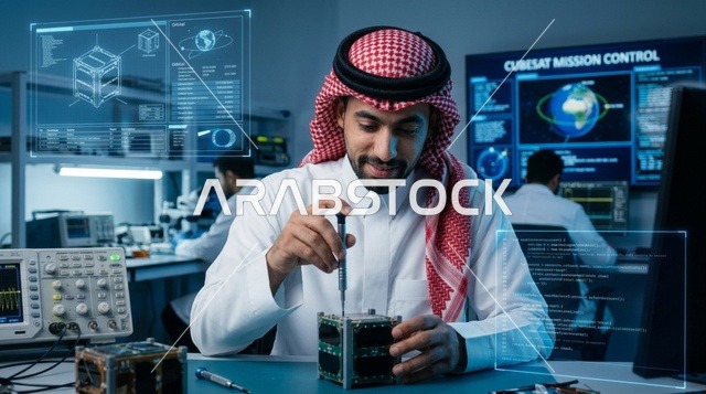 Saudi Aerospace Engineer Assembling CubeSat in Space Lab