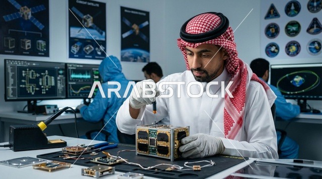 Saudi Engineer Assembling Satellite in Space Lab