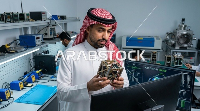 مهندس فضاء سعودي يمسك قمر اصطناعي داخل مختبر أبحاث