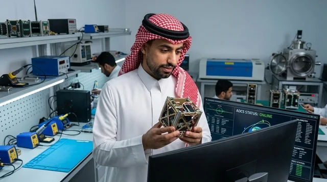 مهندس فضاء سعودي يمسك قمر اصطناعي داخل مختبر أبحاث