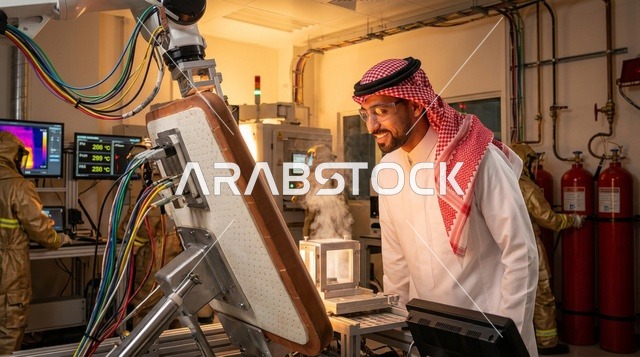 A Saudi engineer in a modern robotic manufacturing facility.