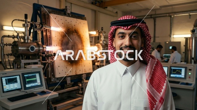A Saudi engineer in a modern robotic manufacturing facility.