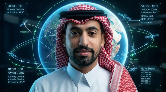 رجل سعودي بالزي التقليدي مع خلفية كوكب الأرض الرقمية