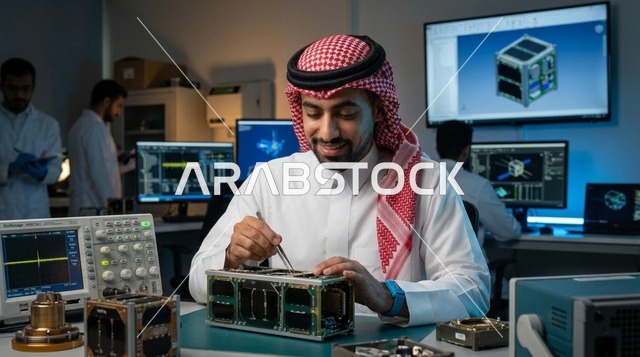 مهندس سعودي يرتدي شماغ يعمل على قمر صناعي في مختبر