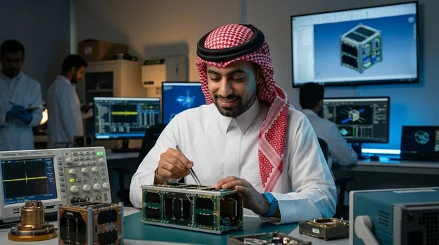 Saudi Engineer Working on Satellite in Aerospace Lab