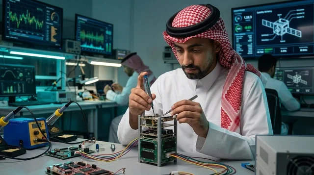 مهندس فضاء سعودي يعمل على تركيب قمر صناعي بمختبر تقني